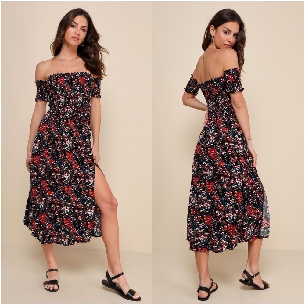 LULU’S View From The Meadow Black Floral Print Off The Shoulder Dress
